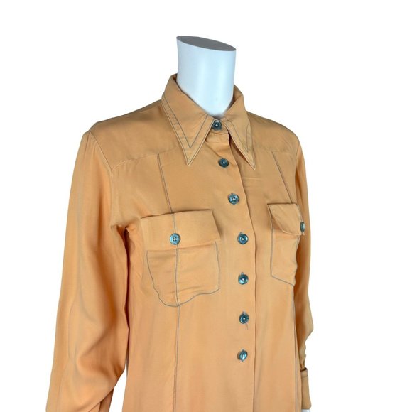 Vintage 60s Peach Blouse Women's Medium Gray Dagger Collar Long Sleeve Button Do - Picture 5 of 12